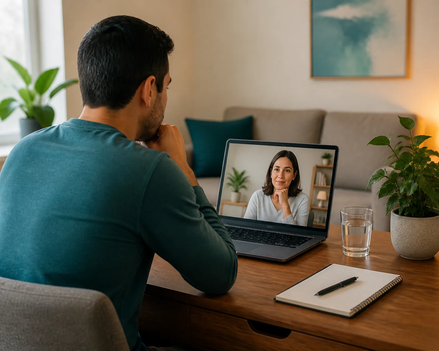 Persona tomando terapia psicológica en línea desde un espacio privado